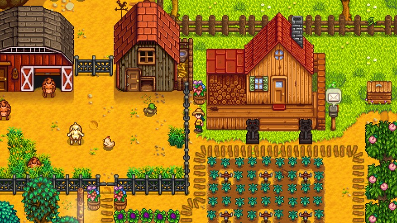 Stardew Valley peaceful farm with crops and animals