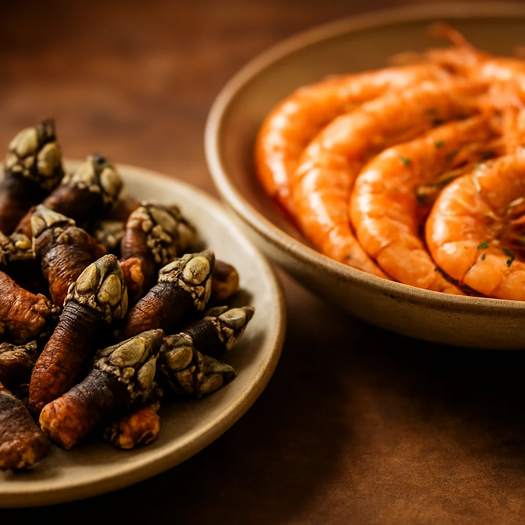 Percebes e camarões portugueses frescos em pratos de cerâmica