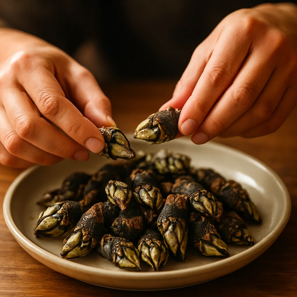 Mãos comendo percebes portugueses tradicionais