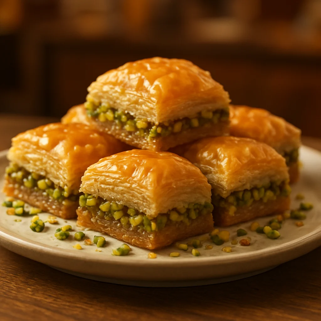 Karaköy'deki ünlü baklavacıda fıstıklı altın sarısı baklava katmanları